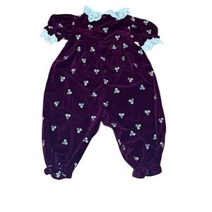 VINTAGE 80s Baby Cotton Velvet Embroidered Lace Holiday Garnet Red Romper